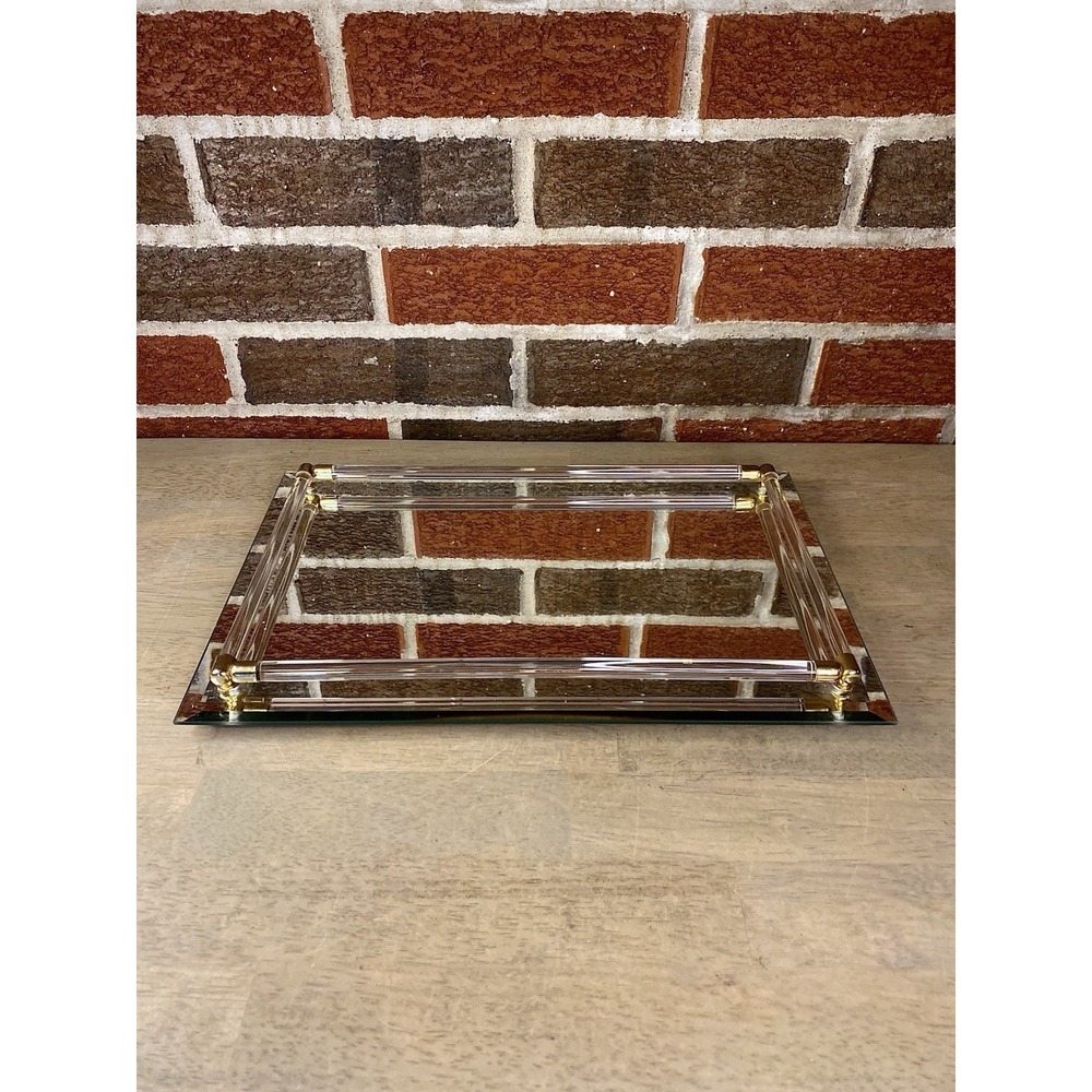Vanity Mirror Tray MCM Rectangular With Lucite Bumpers W/ Brass Trim 14x9"